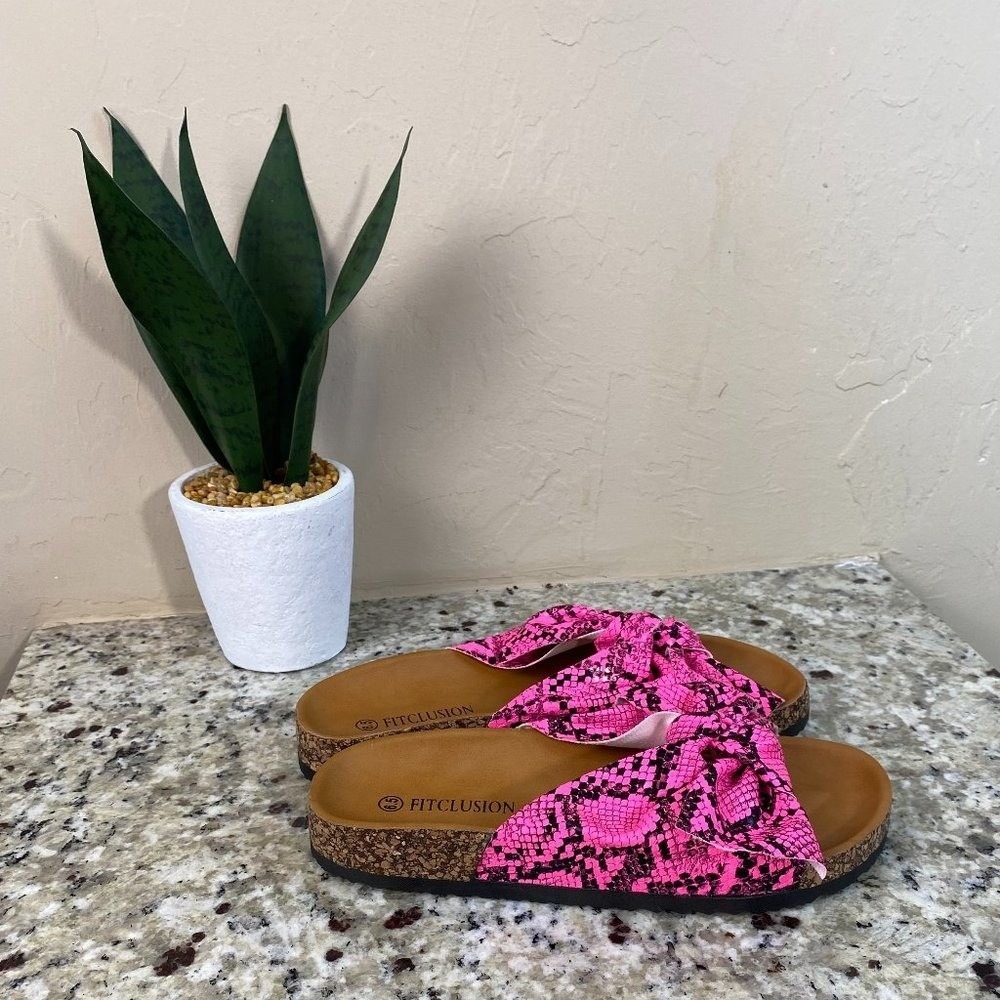 Fitclusion Pink Snakeskin Bow Slide Sandals Cork Footbed XS1911003 Womens 6.5